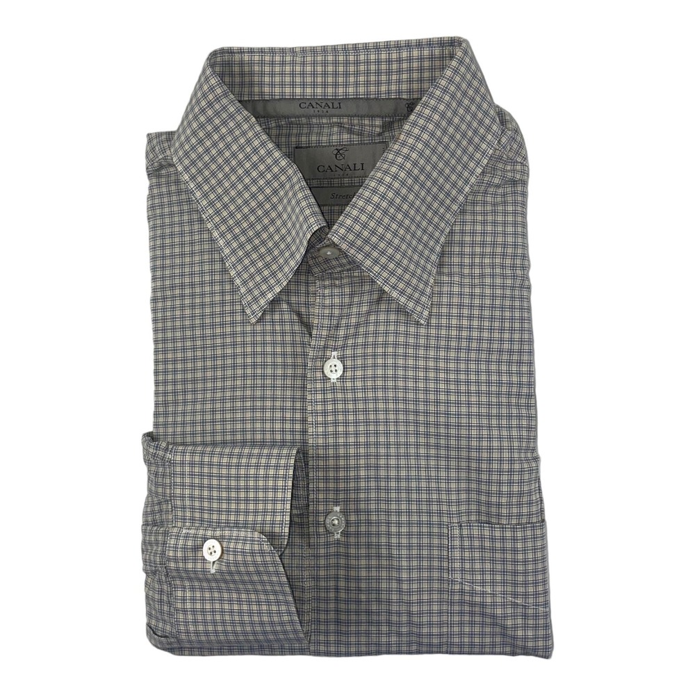 Canali 1934 Mens XL Stretch Blue Tan Checked Long Sleeve Button Front Shirt